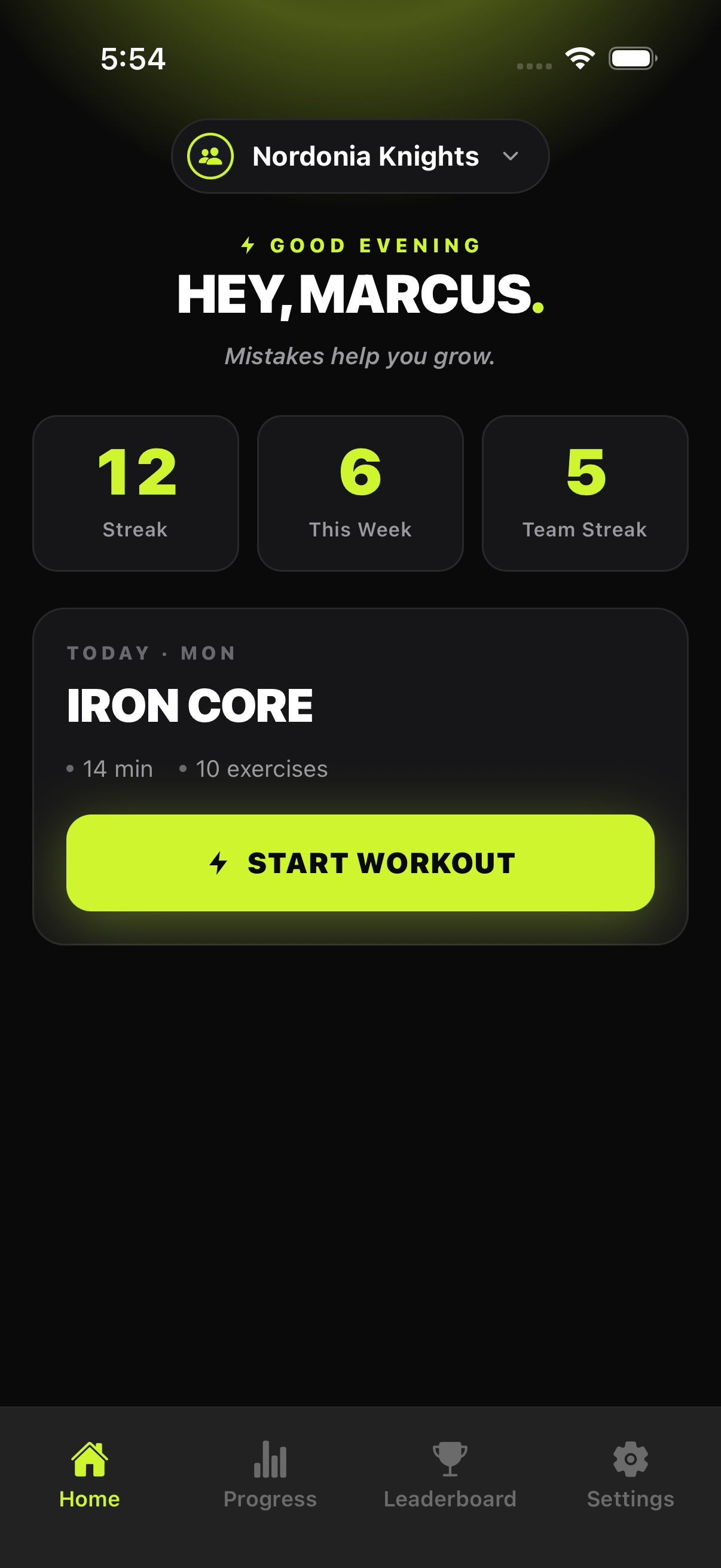 Athlete home: streak, this week, team streak and today's workout
