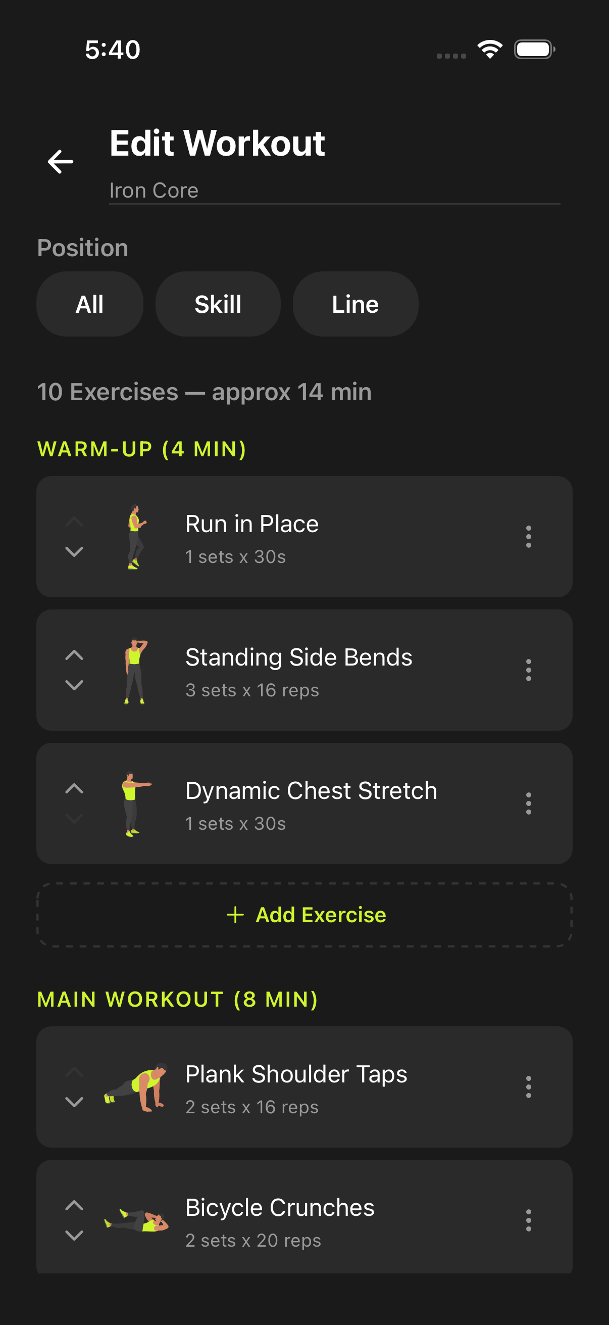 Workout editor: warm-up and main workout blocks