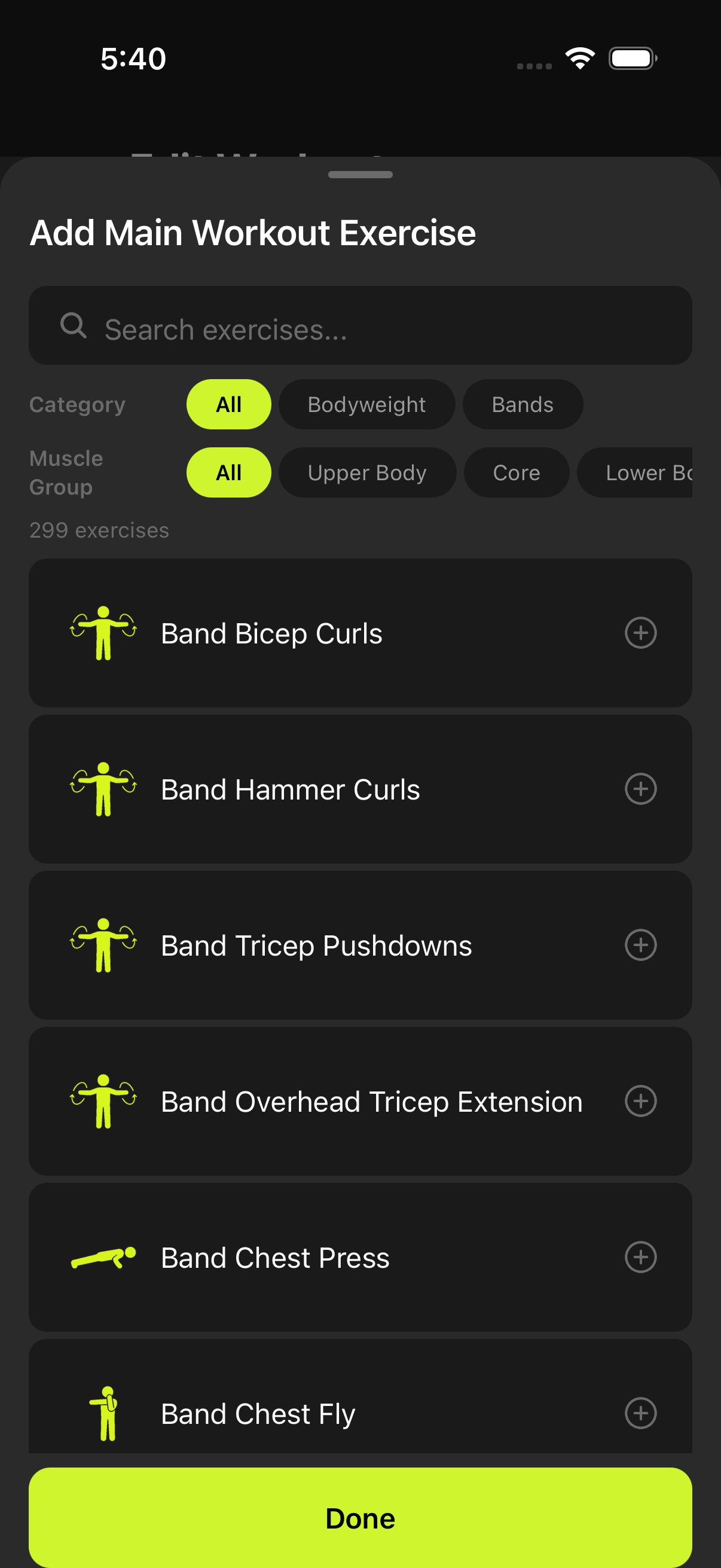 Exercise library: 299 exercises with category and muscle group filters